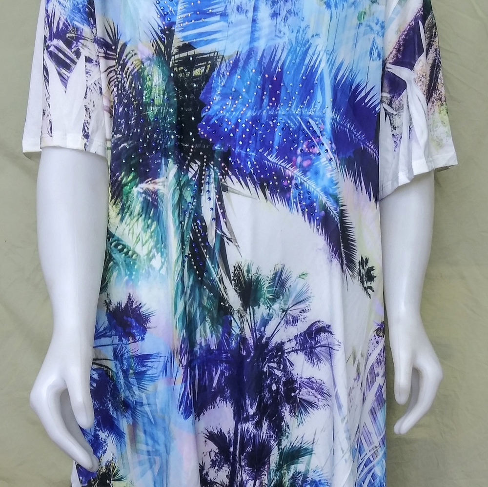 Embellished short sleeve tropical tunic top-L